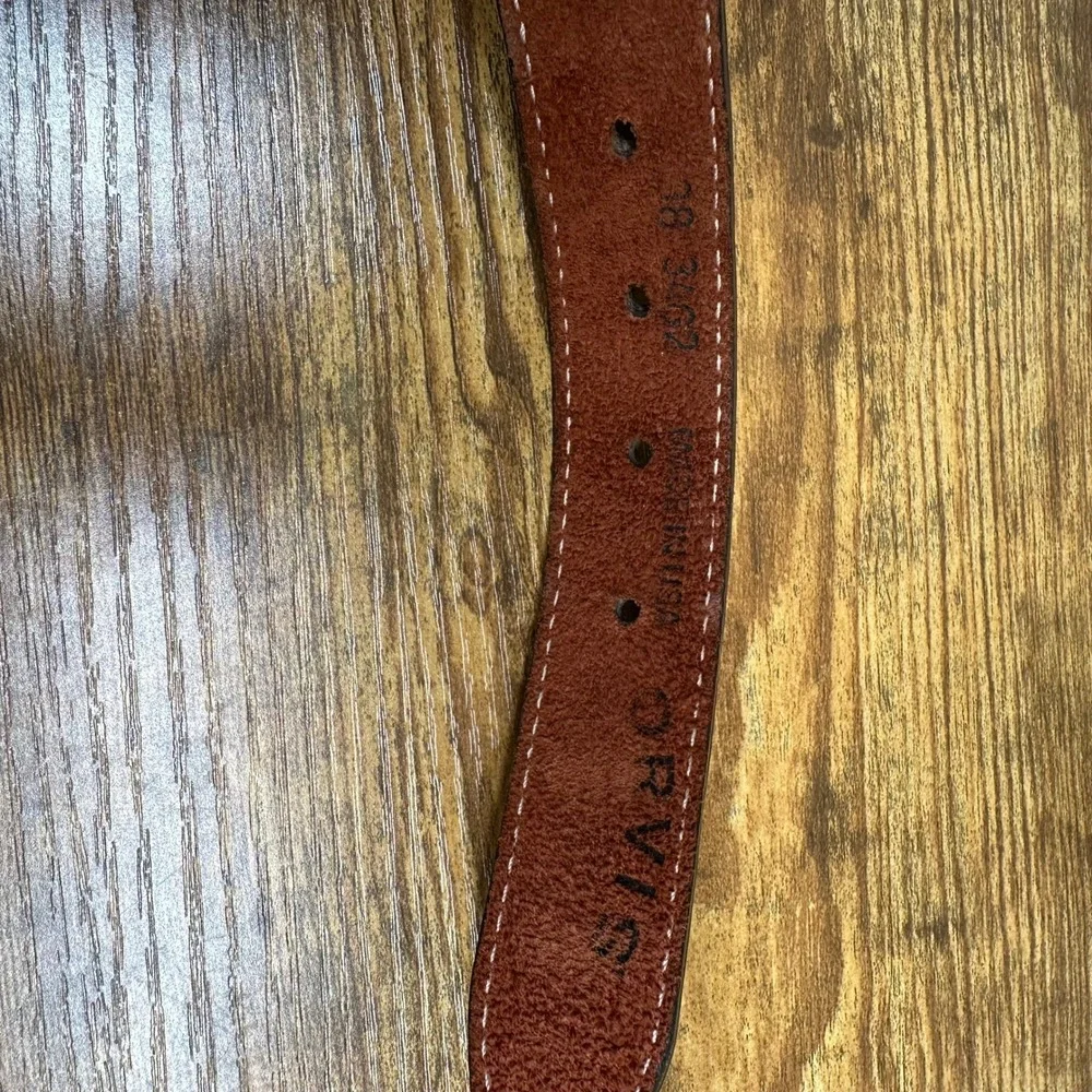 Orvis Mens Canvas and Leather Belt Brown Khaki Brass Buckle Made in USA Size 38